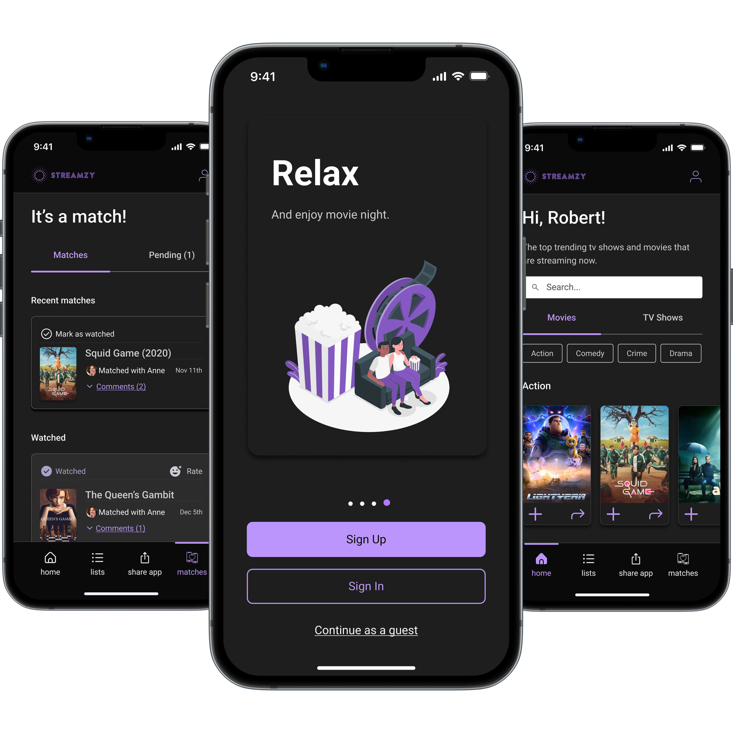 Screenshot of the Streamzy app's main screens, showing the interface designed for smooth streaming navigation.