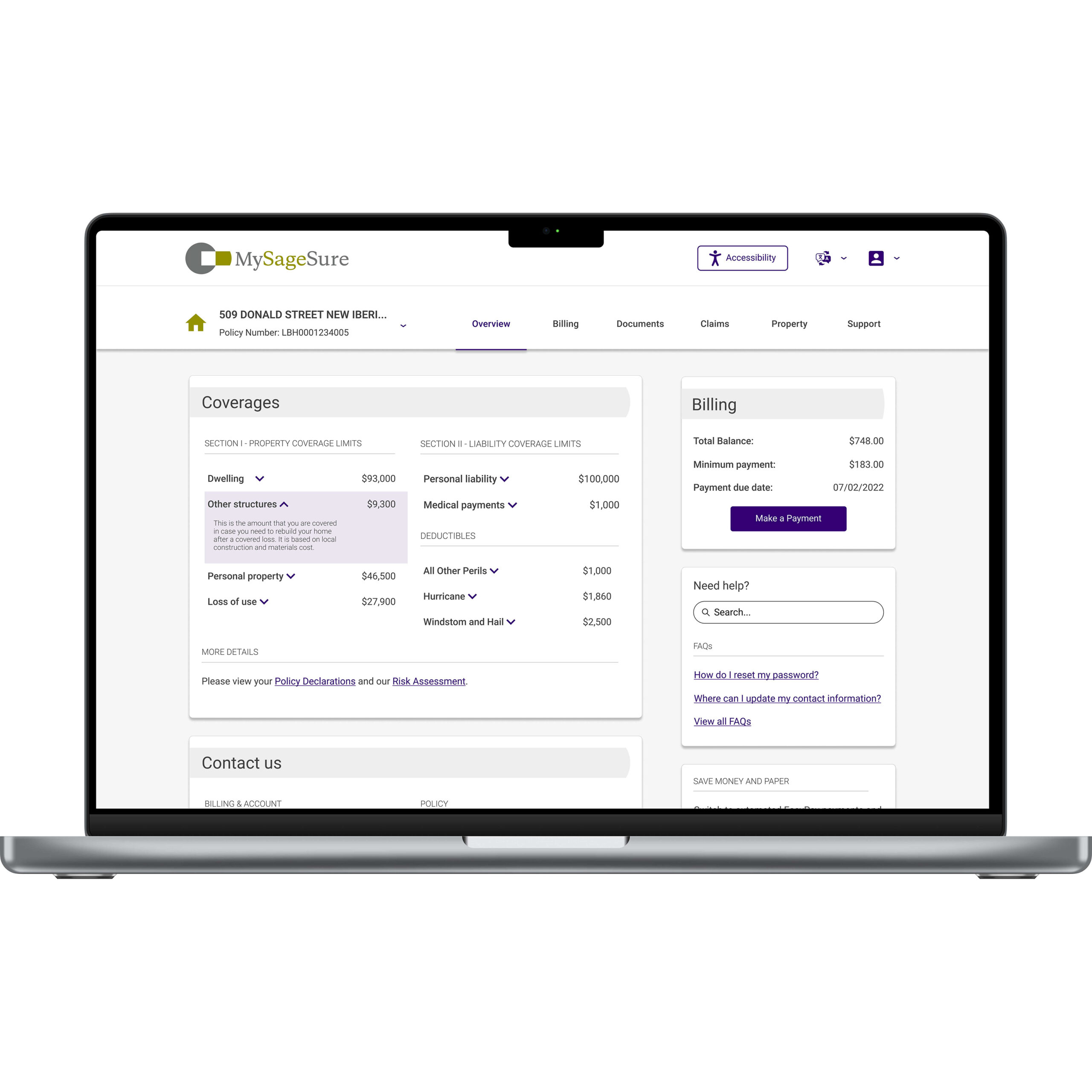 Screenshot of the Sage Sure customer portal, showcasing a streamlined and user-friendly interface.